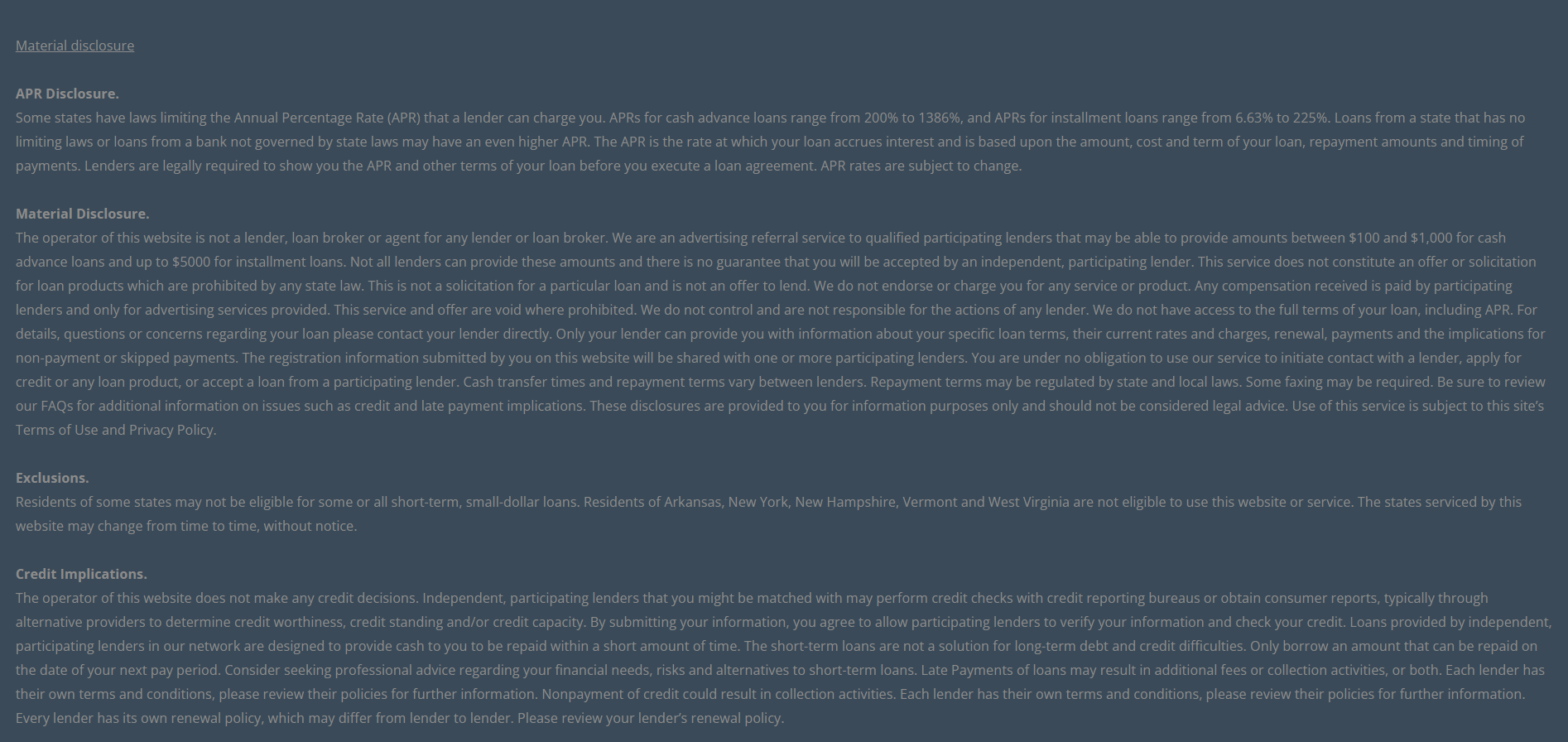 Material disclosure for payday loans in Roseville California